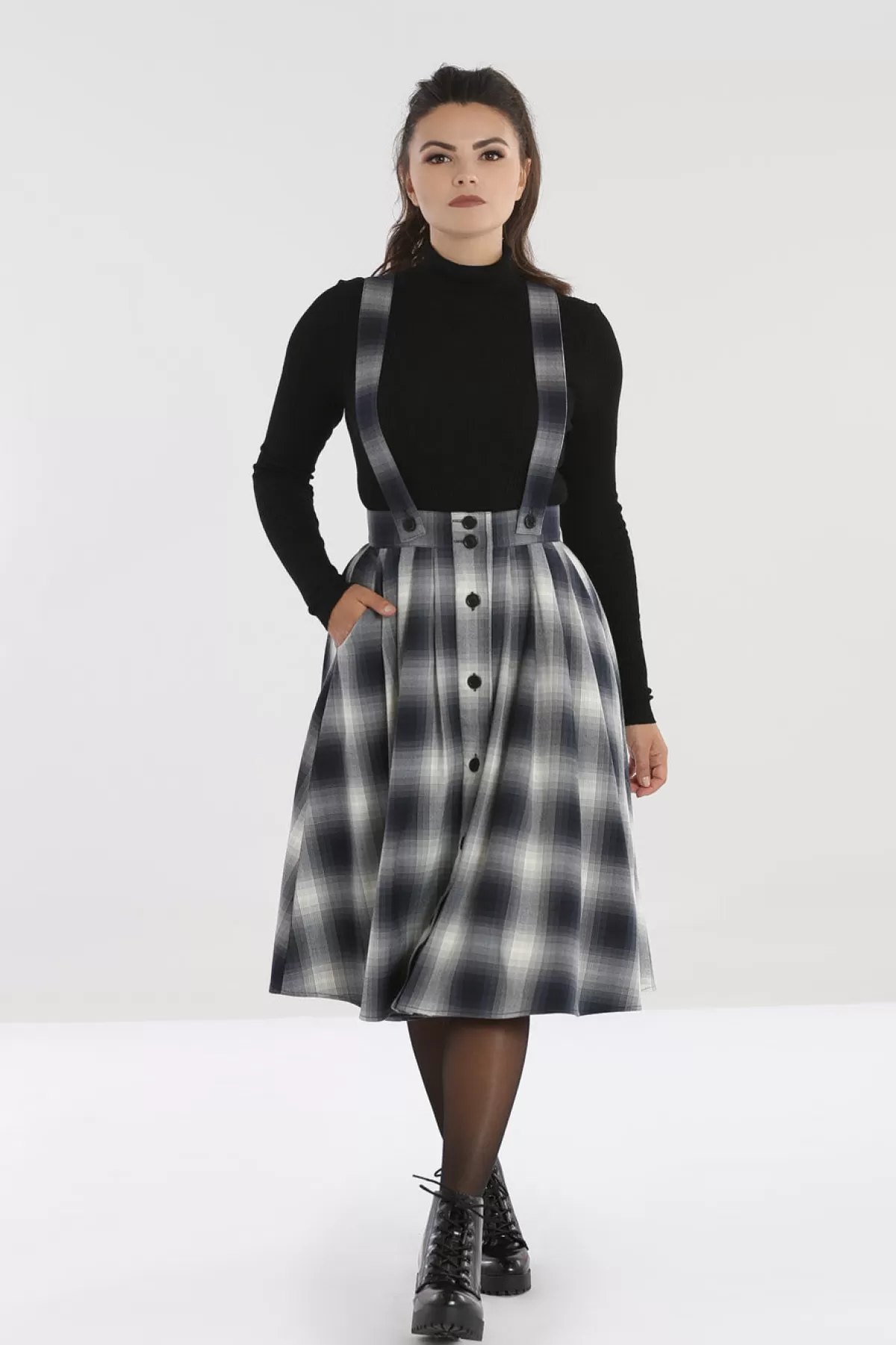 Midi Skirts*Hell Bunny Eddystone Pinafore Skirt Grey