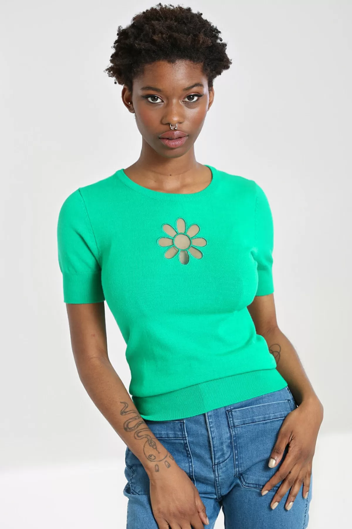 Knitted Tops*Hell Bunny Flower Power Top Green