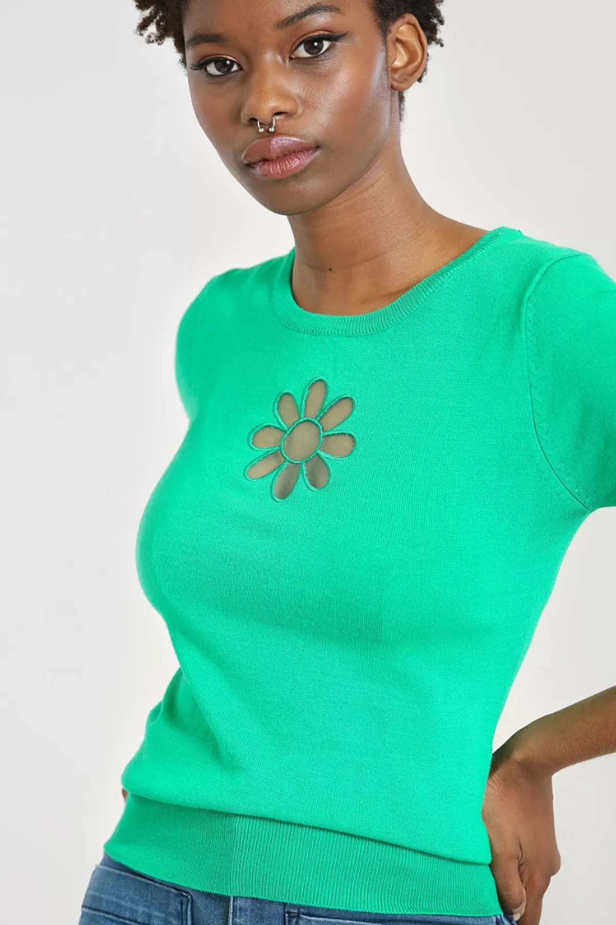 Knitted Tops*Hell Bunny Flower Power Top Green