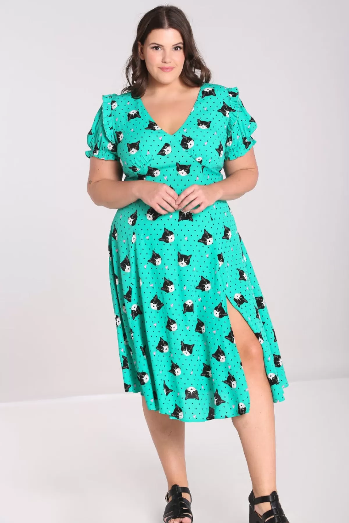 Midi Dresses*Hell Bunny Love Cats Midi Dress Green