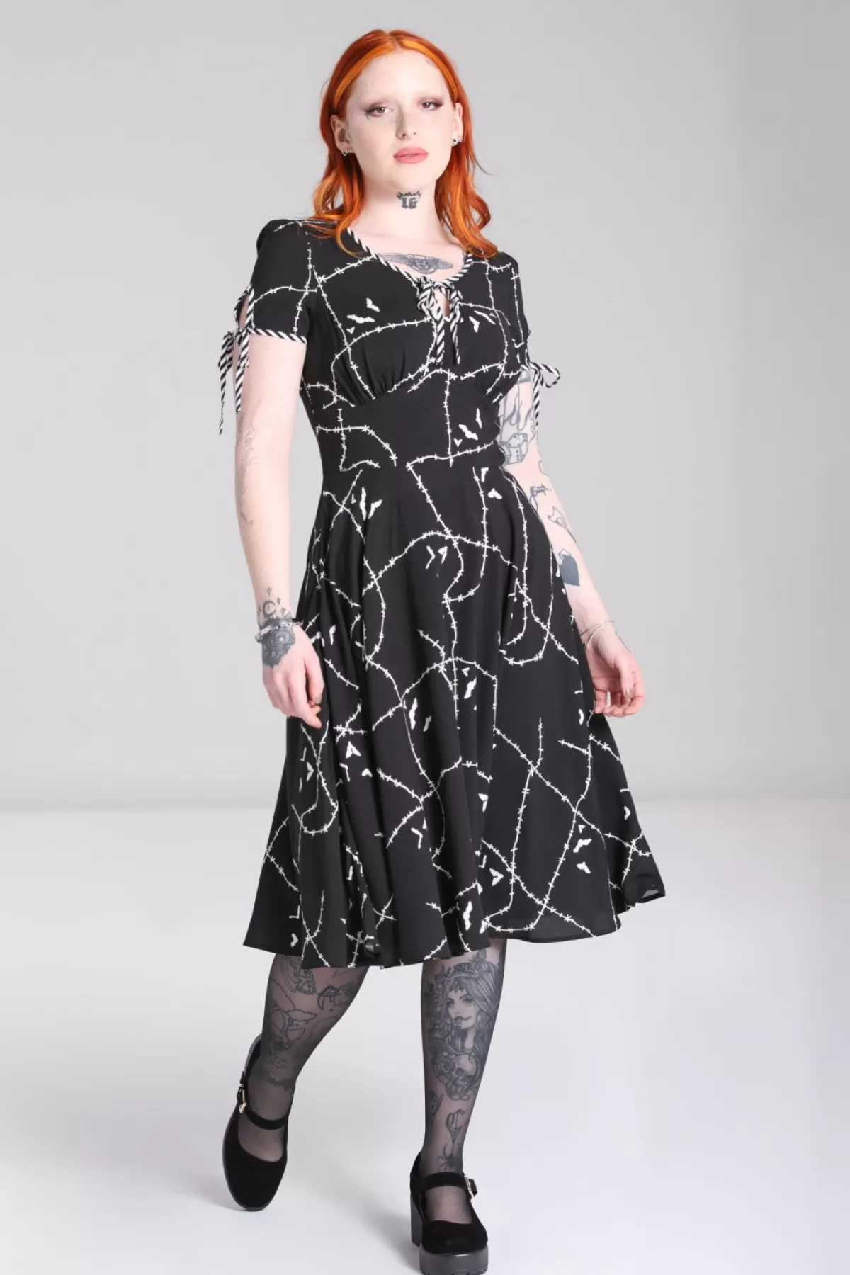 Midi Dresses*Hell Bunny Stitches Midi Dress Black / White