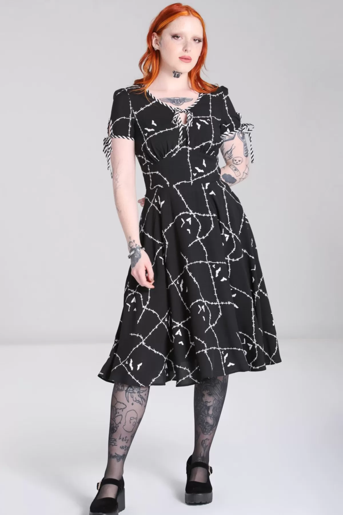 Midi Dresses*Hell Bunny Stitches Midi Dress Black / White