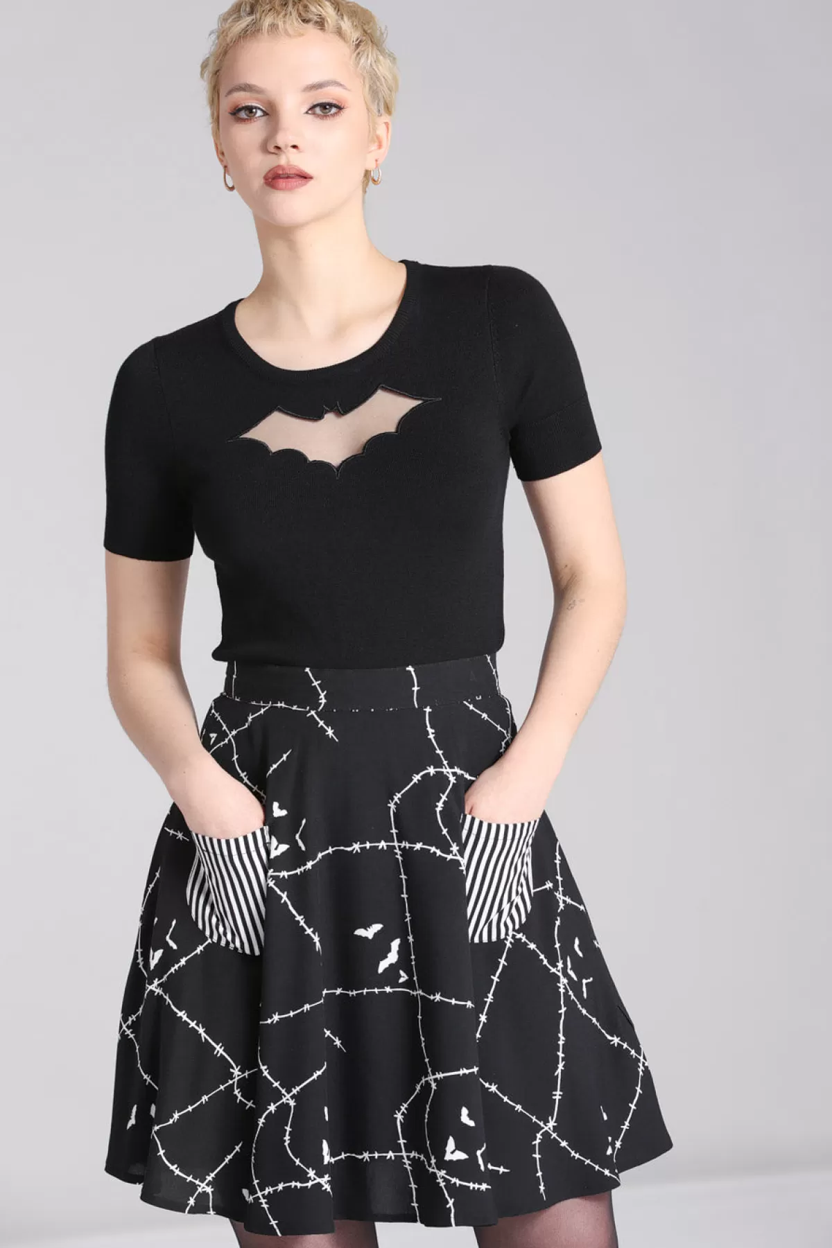 Mini Skirts*Hell Bunny Stitches Skirt Black / White