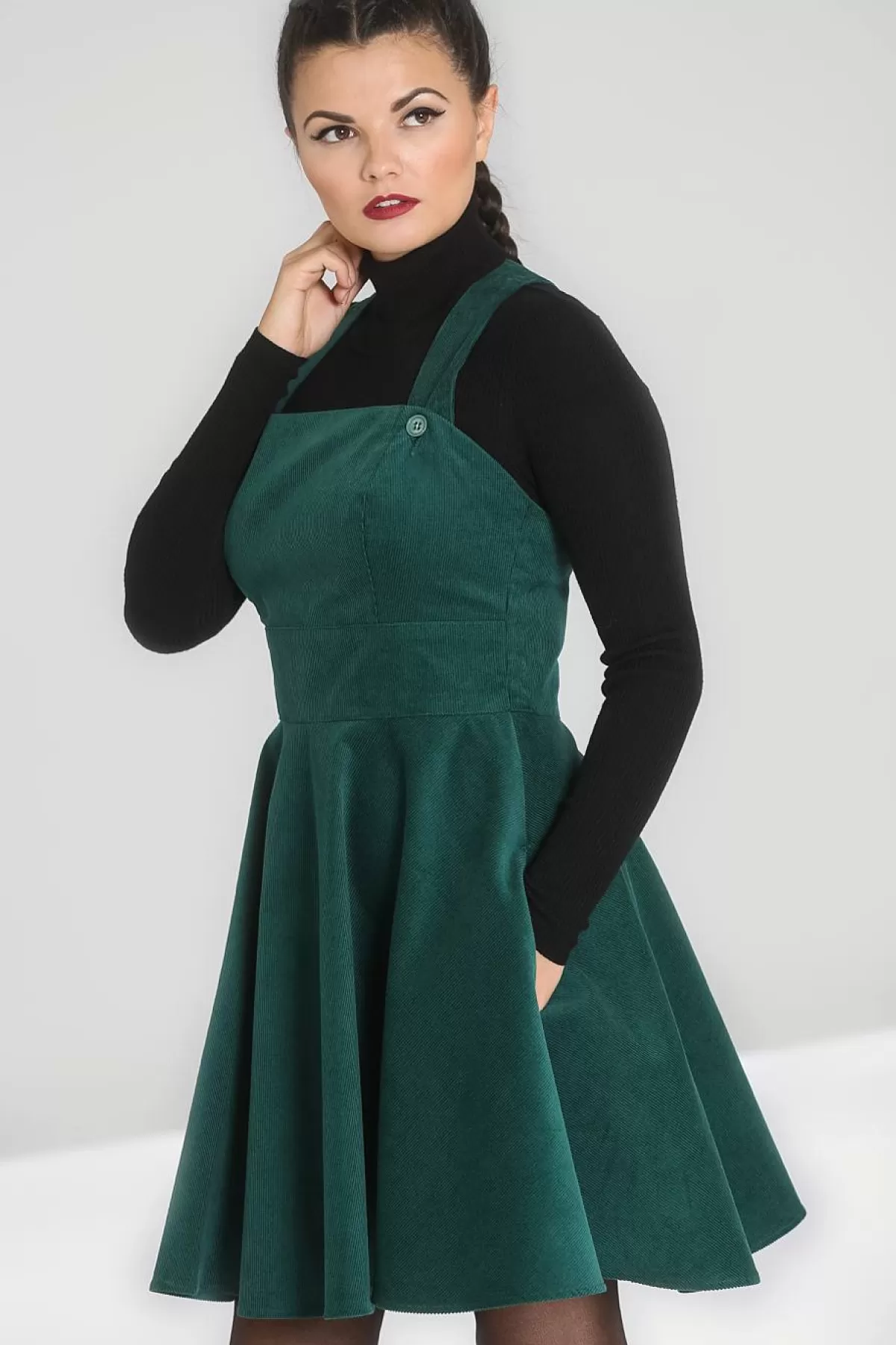 Mini Dresses*Hell Bunny Wonder Years Pinafore Dress Dark Green